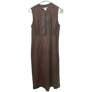 Sarah Spencer Teal and Brown Embroidered Sleeveless Dress sz 8 100% Linen Vtg
